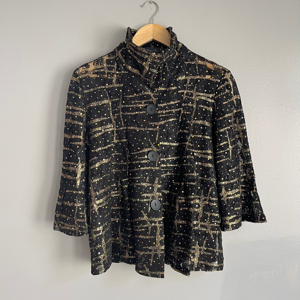 Damee Inc Vintage Black Gold Lace Sequin Button Front Jacket Womens Medium Korea